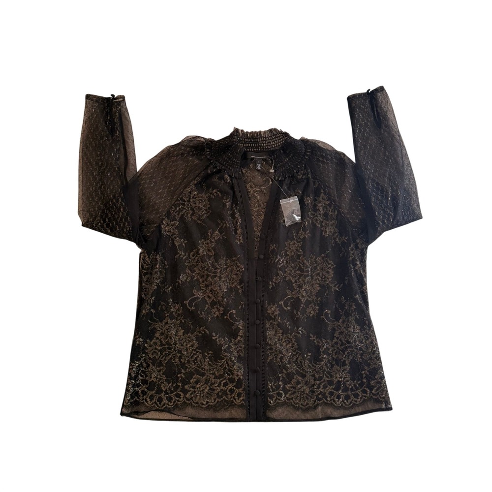 NWT White House Black Market Black Gold Metallic Lace Smocked Neck Blouse 12 Y2K - Picture 6 of 14